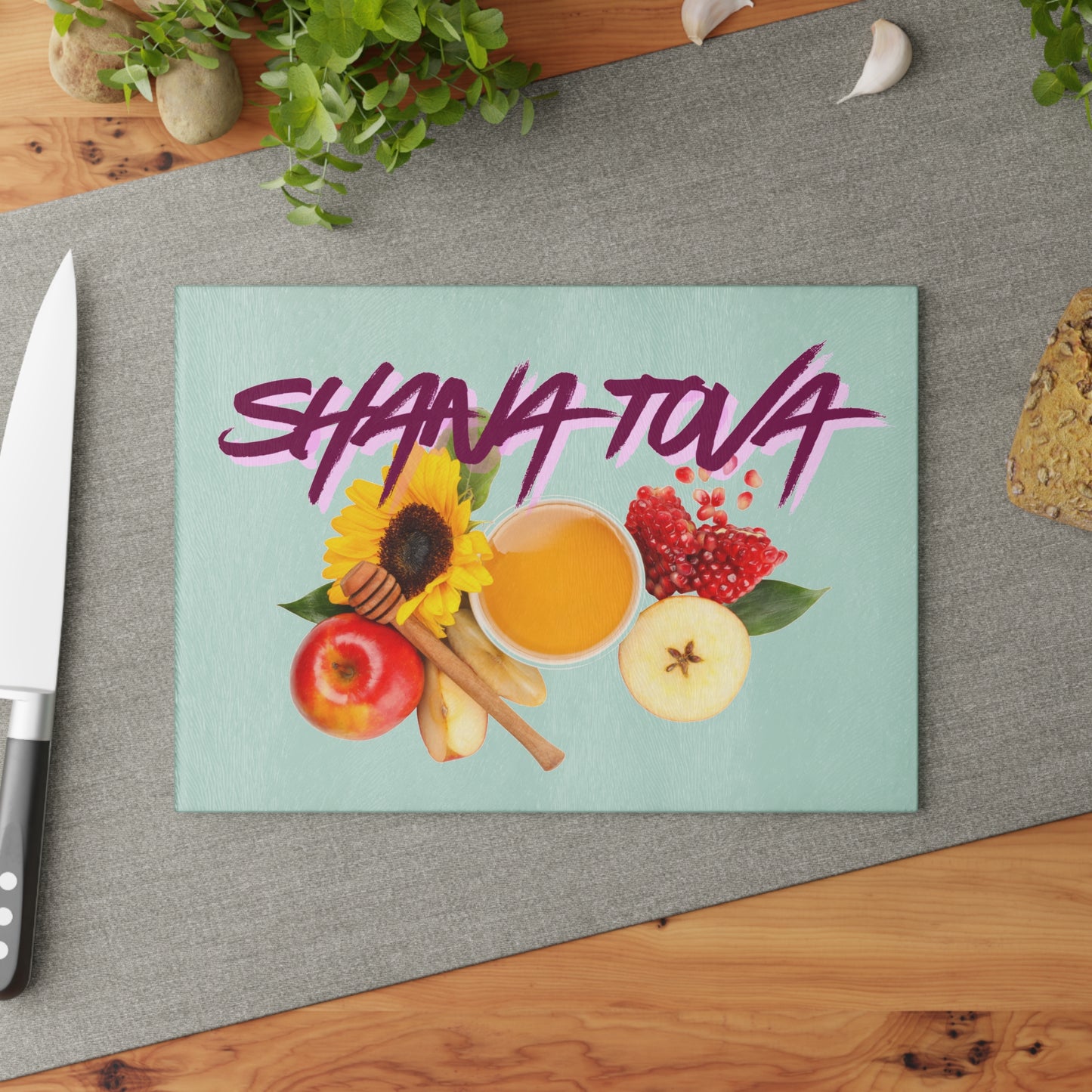 Shana Tova Glass Cutting Board, Rosh Hashanah Gift, Kitchen Decor, Holiday Serving Tray, Jewish New Year Gift