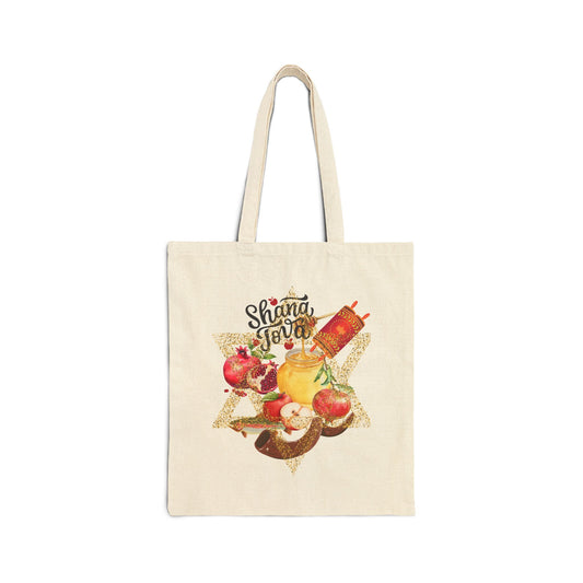 Shana Tova Cotton Canvas Tote Bag, Eco-Friendly Shopping Bag, Jewish New Year Gift, Reusable Grocery Bag, Handcrafted Tote