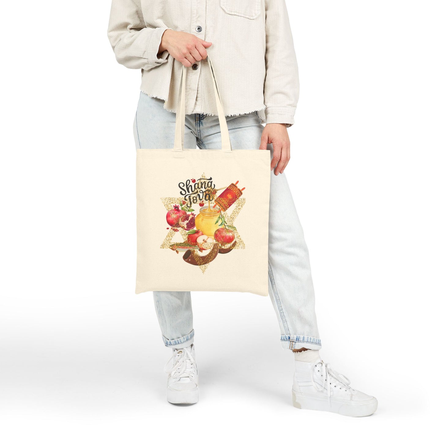 Shana Tova Cotton Canvas Tote Bag, Eco-Friendly Shopping Bag, Jewish New Year Gift, Reusable Grocery Bag, Handcrafted Tote