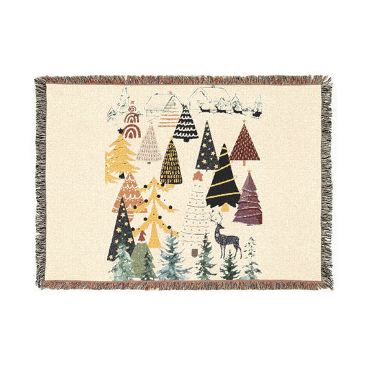 Cozy Winter Woven Blanket with Forest Design